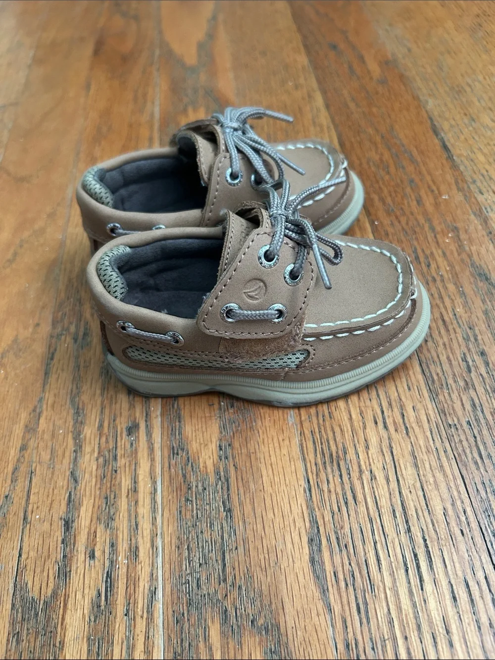 Sperry Kids Brown Moccasin Boat Shoes with Gray Laces